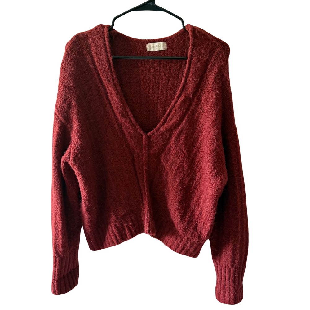 Altar'd State Womens Burgundy Red Fuzzy Cropped V-Neck Cardigan Sweater M/L